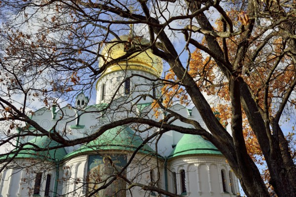 Facade of Fedorovskiy cathedral in Pushkin, Tsarskoe selo. Sunny autumn day