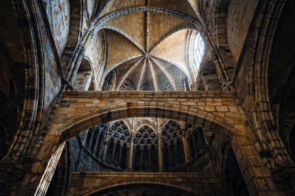 Castro Urdiales, Spain, August 15, 2022: Interior view of the Church of Santa Maria de la Asuncion. Low angle view of arches and vaults, Europe