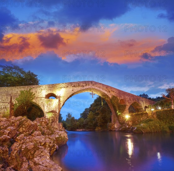 Cangas de Onis roman bridge on Sella river in Asturias of Spain