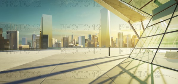 Empty concrete floor with polygon shape design modern building exterior. 3d rendering