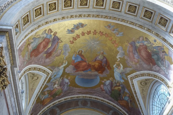Ceiling fresco in a church with angels and a heavenly scene on a golden background, szentendere, Danube, Hungary, Europe
