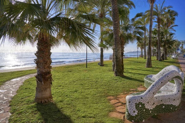 Oropesa de Mar beach mosaic bench park in Castellon of Spain