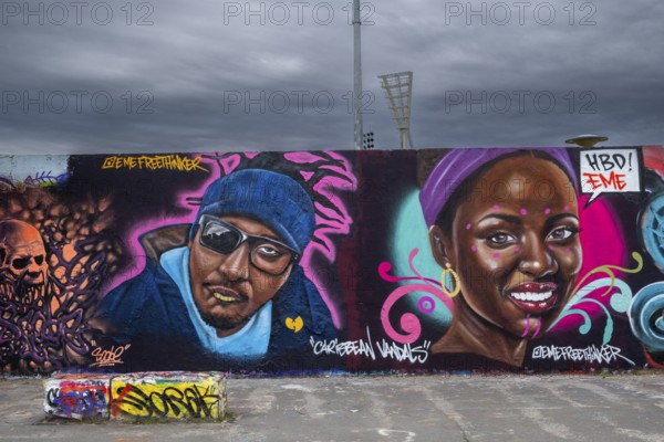 Germany, Berlin, 15.09.2024, Sunday afternoon in Mauerpark, graffiti wall, artwork by street artist Eme Freethinker, Caribbean Vandals, HBD ! EME, Europe