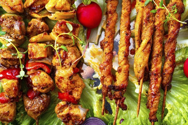 Grilled szaszlyk and meatballs with green salad