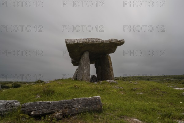 A long exposure view of the Poulnabrone Dolmen under an overcast sky in County Clare of Western Ireland