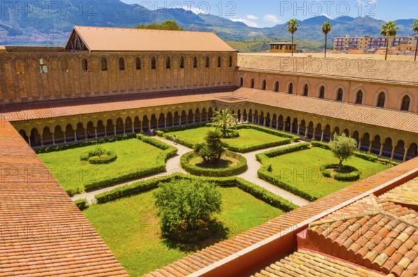 View of the cloister of the Santa Maria Nuova cathedral in the city of Monreale, north west of Sicily