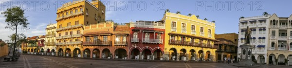 Panorama of an ensemble of colorful historic buildings on a sunny day in Cartagena, Colombia, Unesco World Heritage, South America