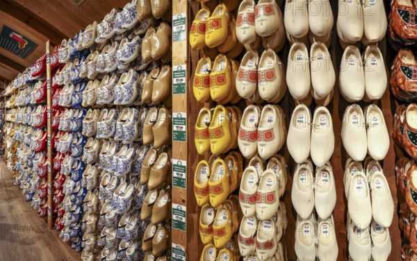 Traditional historical Dutch clog angle (clogs, wooden shoes) on a shelf in museum village, Open Air Museum Zaanse Schans, Zaanse Schans, Zaandam, North Holland, Netherlands, Holland