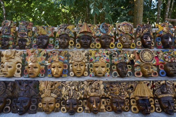 Chichen itza Mayan handcrafted wooden masks in Yucatan Mexico