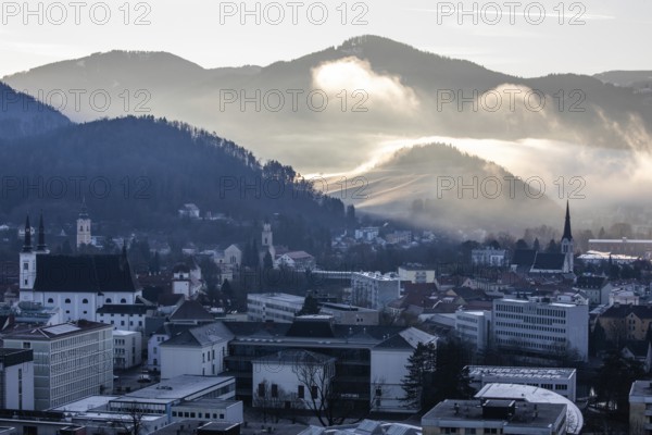 Morning atmosphere and morning fog over the Calvary, churches of Leoben, Leoben, Styria, Austria, Europe
