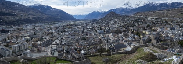 From Chateau de Valere, the fortress above the city centre of Sion, Switzerland, you enjoy an amazing view over the town, the valley of Valais, and the surrounding mountains, Europe