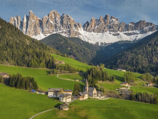 Spring landscape with Santa Magdalena village, Italian Dolomites Alps, in South Tyrol, Val di Funes, Italy, Europe