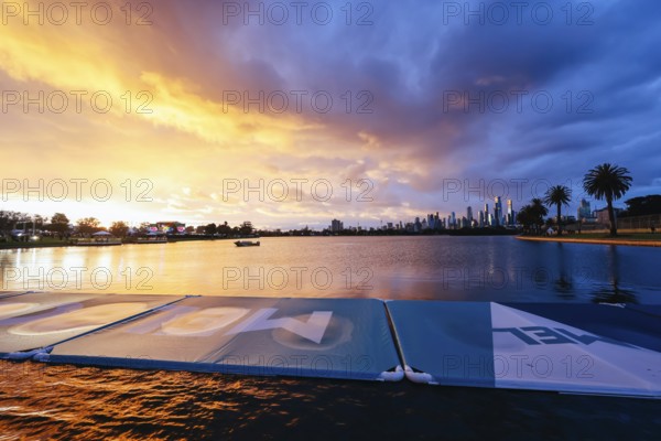 The iconic Albert Park lake at sunset in Melbourne, Victoria, Australia, Oceania