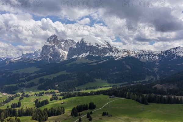 Panoramic view from the Seiser Alm to the Dolomites in Italy, drone shot