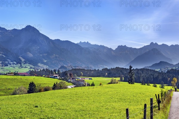 Green meadows, Allgäu Alps and forests near Ofterschwang, Allgäu, Bavaria, Germany, Europe