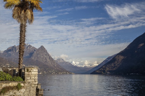 Amazing view from Castagnola (suburb of Lugano) on Gandria and in distance snowcapped mountains of Swiss Alps