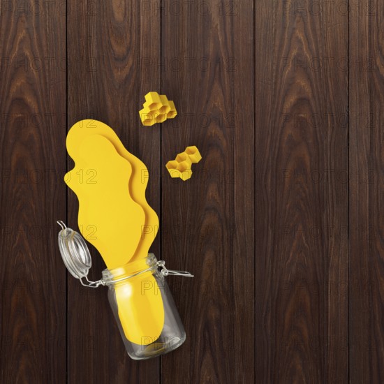 Creative concept still life food health photo of bottle jar of honey made of paper on wooden background