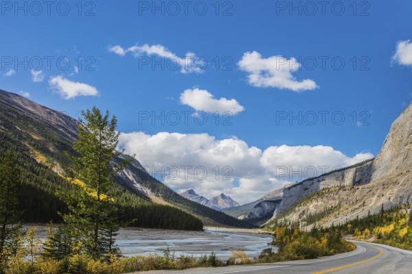 The Bow River Canyon in September. Canadian Rockies, Great Banff. Excellent highway and surrounded by autumnal woods