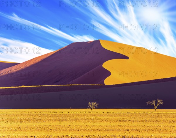 Hot sun of the Namib desert. Namibia, South Africa, sunset. The concept of extreme and exotic tourism. Orange, purple and yellow dunes and small tree, Africa