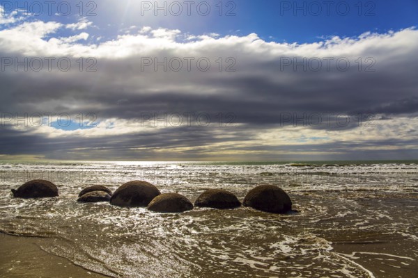 Moeraki boulders. Ocean tide begins. Group of large round boulders on the coast of the South Island of New Zealand. Sunset. The concept of active, ecological, exotic and phototourism