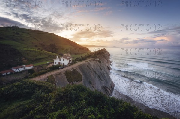 Coast Landscape Of Famous Flysch In Zumaia at sunset, Basque Country, Spain. Famous Geological Formations