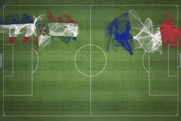 Dominican Republic vs France Soccer Match, national colors, national flags, soccer field, football game, Competition concept, Copy space