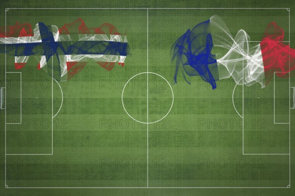 Norway vs France Soccer Match, national colors, national flags, soccer field, football game, Competition concept, Copy space
