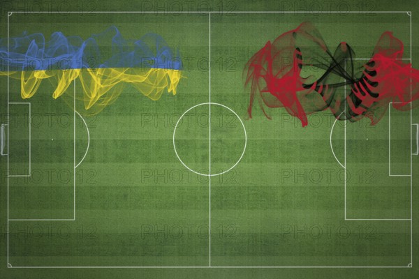 Ukraine vs Albania Soccer Match, national colors, national flags, soccer field, football game, Competition concept, Copy space