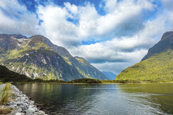 Fiordland park. The magical nature of the southern hemisphere. South Island, New Zealand. Port of tourist and pleasure ship and boats of the Milford Sound fjord
