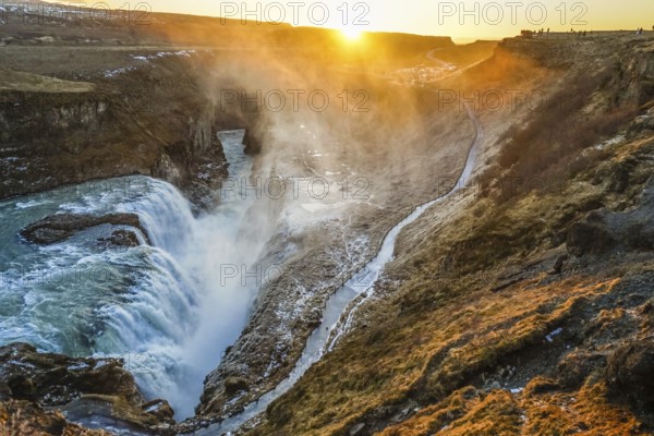 Waterfall and the sunrise of Iceland Gullfoss. Shooting Location: Iceland, Reykjavik