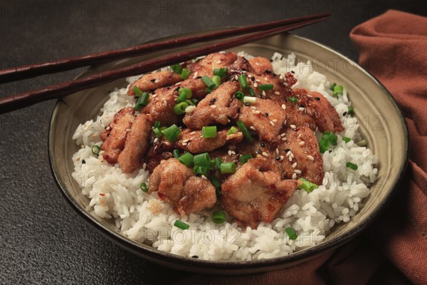 Fried chicken teriyaki with rice, green onion and sesame, homemade, no people