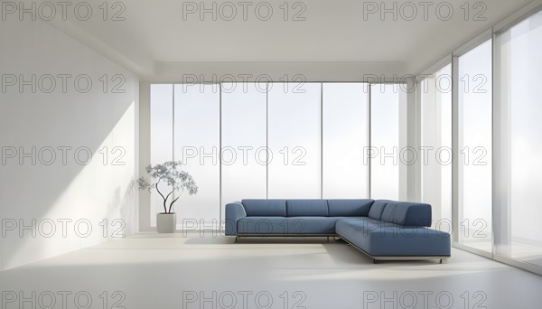 Minimalist living room with clean lines and neutral tones, featuring a modern blue sofa, AI generated
