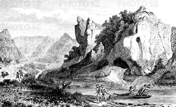 Native people hunting and fishing, cave in the Swabian Ach Valley, UNESCO World Heritage Caves and Ice Age Art of the Swabian Alb, Geopark, Ach Valley, Swabian Jura low mountain range, mountain landscape, Baden-Württemberg, history of mankind, Germany, historical illustration1880, Europe