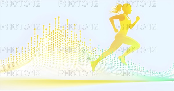 Illustration of a wave of data points shaping into a female runner silhouette, green and yellow pastel hues, conveying speed and precision guided by AI, AI generated