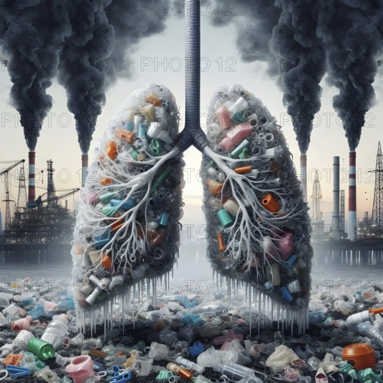Air Pollution city and people suffers lung disease. Industrial pollution. Industrial smoke. Plastic pollution. Human lungs. AI generated