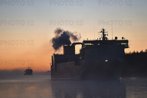 Cargo ship sailing at sunrise on the Kiel Canal, NOK, Kielkanal, Kiel Canal, Schleswig-Holstein, Germany, Europe