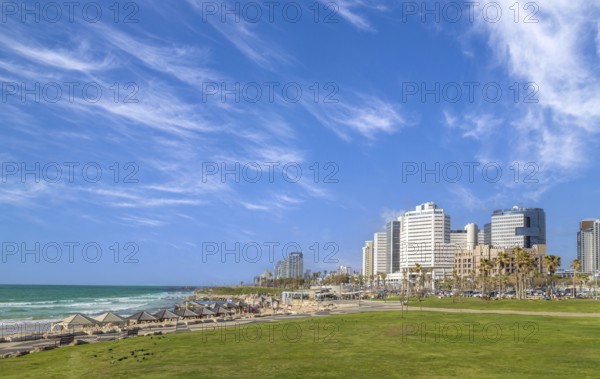 Scenic Israel Tel Aviv coastline seashore promenade with hotels and beaches near Old Jaffa port