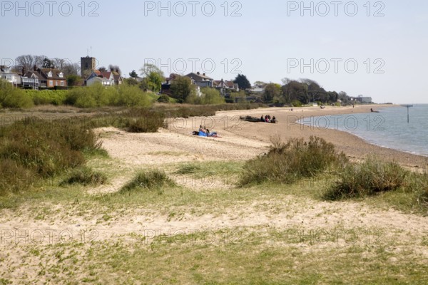 Sandy beach and village of West Mersea, Mersea Island, Essex, England, United Kingdom, Europe
