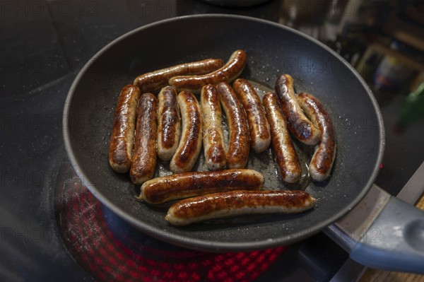 Nuremberg sausages in the pan on the cooker, Bavaria, Germany, Europe