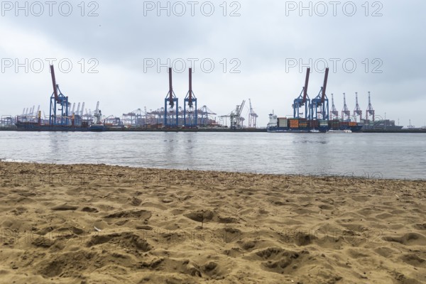Hamburg with Elbe, beach harbour cranes, industry, loading, trade, customs, maritime trade, container, Germany, Europe