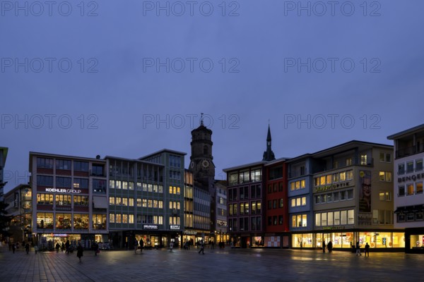 Market square, collegiate church, shops, retail, evening, blue hour, Stuttgart, Baden-Württemberg, Germany, Europe
