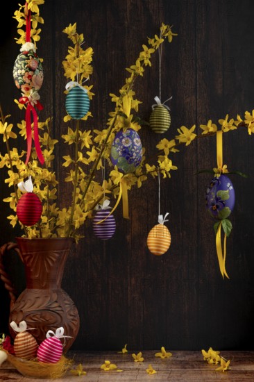 Branches of forsythia (Forsythia) in a rustic jug hung with Easter eggs against a dark background