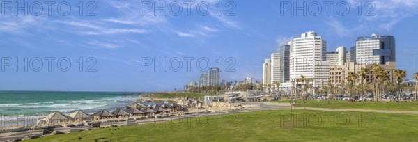 Scenic Israel Tel Aviv coastline seashore promenade with hotels and beaches near Old Jaffa port