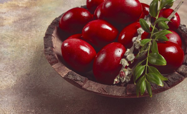 Painted eggs in a wooden bowl, red, painted madder dye, powder from the roots of endro, with onion husks, top view, Easter, Georgia, Asia