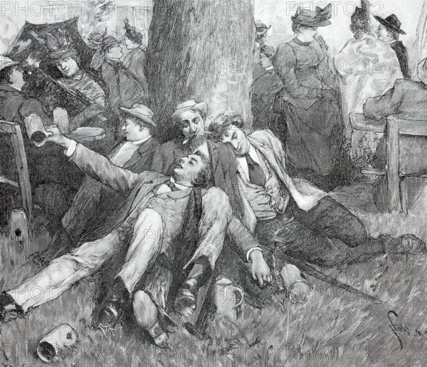 After the fifth measure of beer, drunken fairgoers sleep off their intoxication by a tree, empty beer mugs, 1880, Bavaria, Germany, digital reproduction of an original 19th century artwork, historical, men in Victorian dress drinking and relaxing outdoors under a tree, Europe