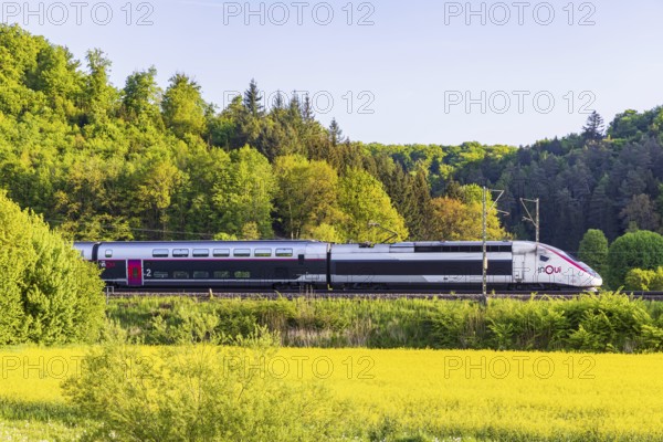 TGV travelling over the Swabian Alb. Idyllic landscape near Lonsee in spring at sunrise. Lonsee, Baden-Württemberg, Germany, Europe