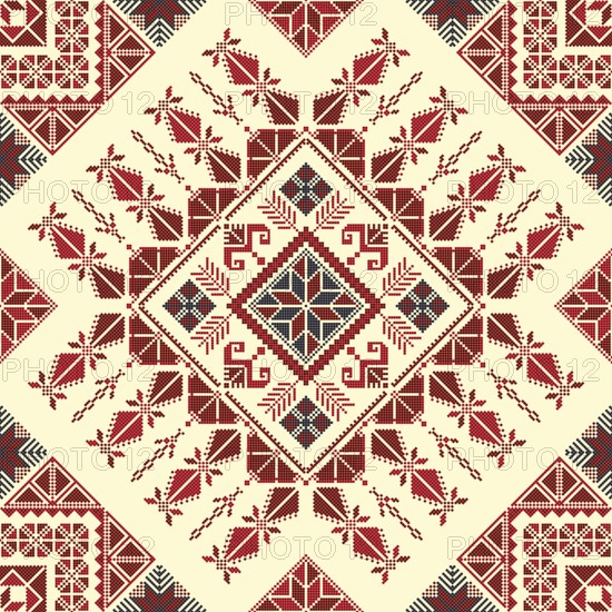 Decorative Palestinian seamless pattern in colors, traditional Tatreez embroidery, vector illustration
