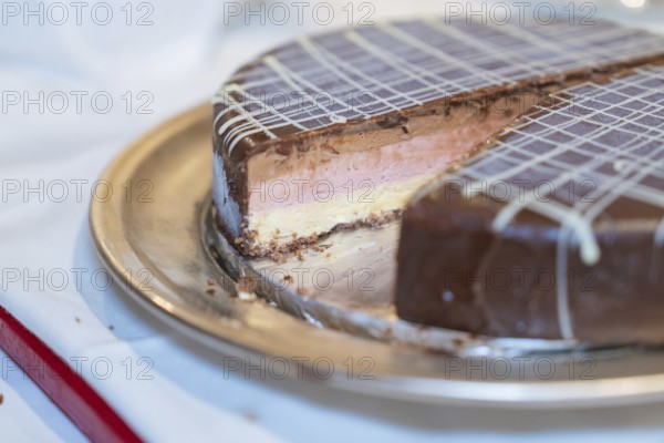 Close-up of an ice cream cake with chocolate, strawberry filling and decorative lattice pattern, Europäischer Hof, Königsbach Stein, Germany, Europe