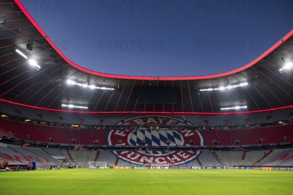 Evening match Allianz Arena, interior, illuminated, logo FC Bayern Munich, blue hour, UEFA Champions League Allianz Arena, Munich, Bavaria, Germany, Europe