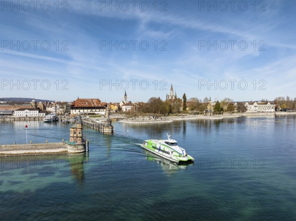 Aerial view of the harbour exit of Constance with the Lake Constance catamaran Fridolin from Lake Constance Schiffsbetriebe, which connects the cities of Constance and Friedrichshafen every hour all year round, passenger transport, shipping, Lake Constance, Constance district, Baden-Württemberg, Germany, Europe